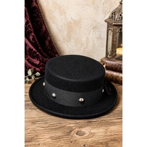 Vintage Black Wool Felt Boater Made in Italy Studded Ribbon Band Steampunk Hat